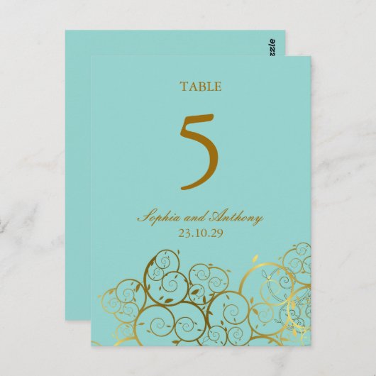 Türkis & Golden Spirals Hochzeitsstimmung Tischnum Postkarte (Vorne/Hinten)