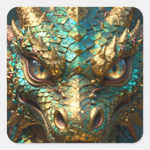 Türkis-goldener Drache  Quadratischer Aufkleber