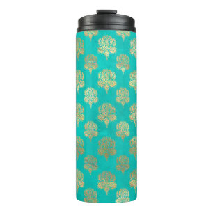 Türkis-goldener Pfau Grunge Damast Thermosbecher