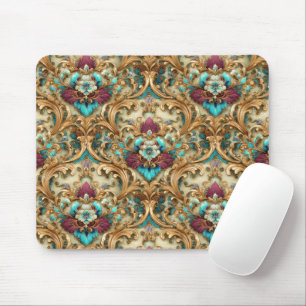 Türkis-goldener, verzierter Damast Mousepad
