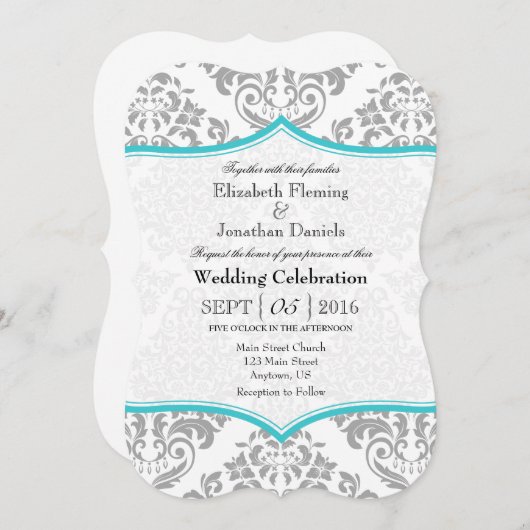 Türkis-Grau-Damaskohle Einladung (Vorne/Hinten)
