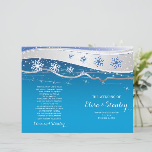 Türkis, graue Schneeflocken gefaltet Hochzeitsprog (Stehend Vorderseite)