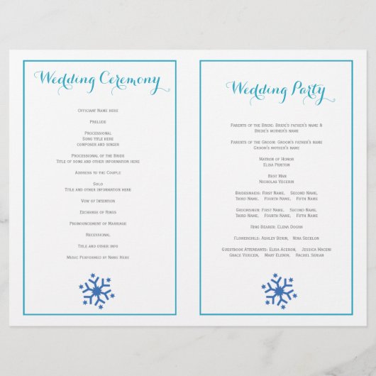 Türkis, graue Schneeflocken gefaltet Hochzeitsprog (Rückseite)