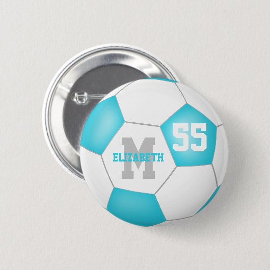 Türkis-Graumädchen-Fußball personalisiert Button (Vorne & Hinten)