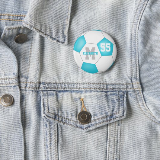 Türkis-Graumädchen-Fußball personalisiert Button (Beispiel)