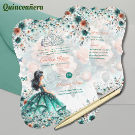 Türkis Green Quinceanera Dress Floral Butterfly Einladung