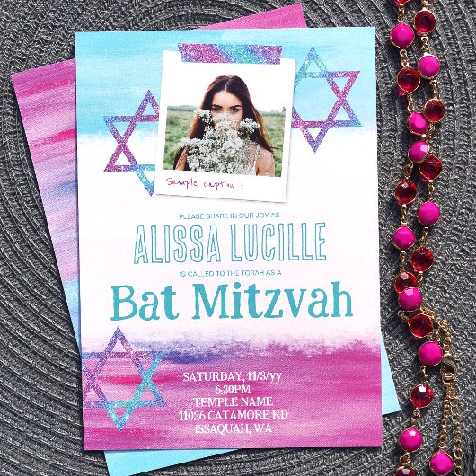 Türkis, heiß rosa Glitzer Bat Mitzvah Einladung