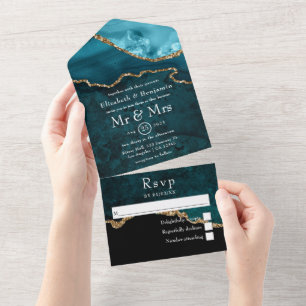 Türkis-Hochzeit mit Gold-Achat All In One Einladung