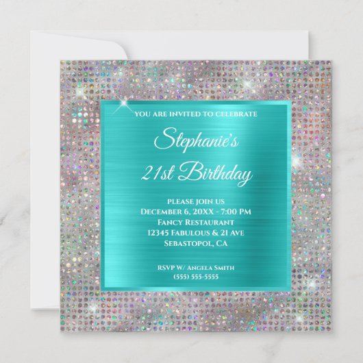 Türkis Holograph Diamond Studded Foil Birthday Einladung (Vorderseite)