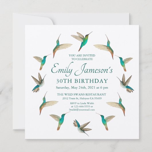Türkis Hummingbirds Geburtstagsempfang Einladung (Vorderseite)
