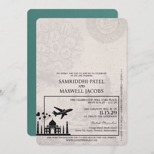 Türkis Indien Pass Einladung Hochzeit (Vorne/Hinten)
