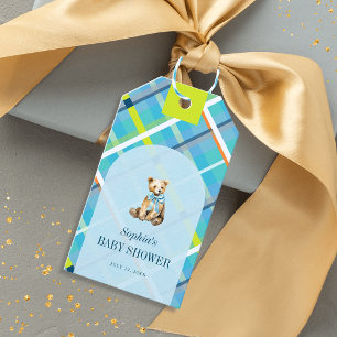 Türkis Kariert Teddy Bear Bow Baby Dusche Geschenkanhänger
