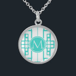 Türkis-Labyrinth und Monogramm Sterling Silberkette<br><div class="desc">Labyrinthmuster. Elegantes Monogramm. Türkisentwurf</div>