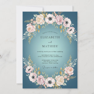 Türkis leuchtende Blumenrand-Hochzeit Einladung