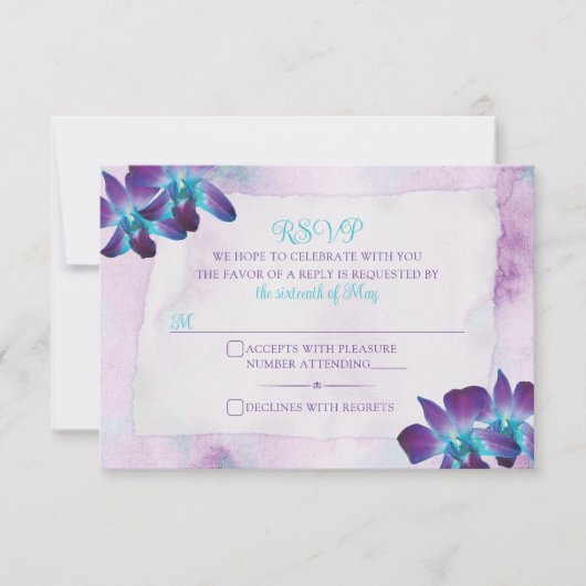 Türkis Lila Blue Dendrobium Orchid Wedding RSVP Karte (Vorderseite)