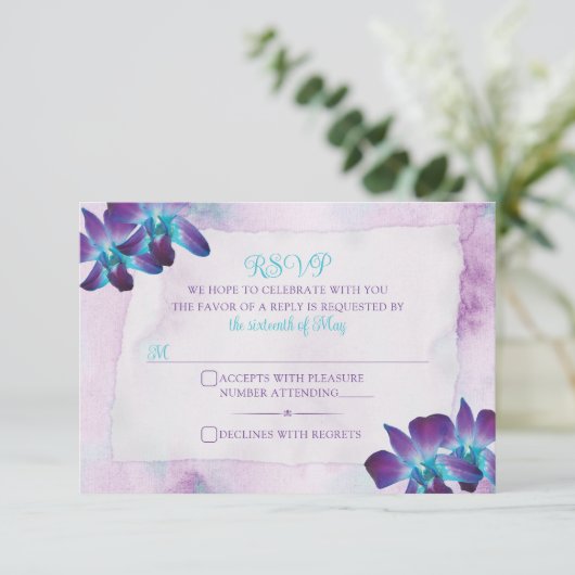 Türkis Lila Blue Dendrobium Orchid Wedding RSVP Karte (Stehend Vorderseite)