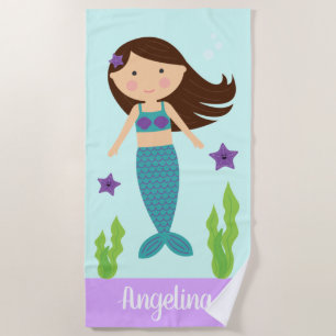 Türkis & Lila Mermaid Beach Handtuch - Braun Haar