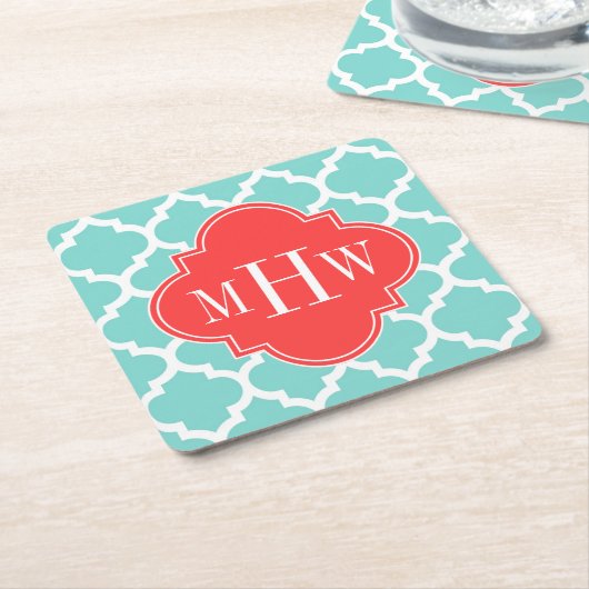 Türkis Marokkanisch #5 Korallenrot 3 Initialmonogr Rechteckiger Pappuntersetzer (angewinkelt)