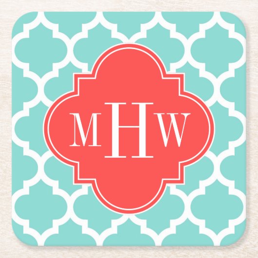 Türkis Marokkanisch #5 Korallenrot 3 Initialmonogr Rechteckiger Pappuntersetzer (Vorderseite)