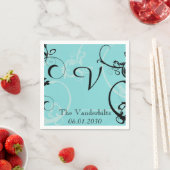 Türkis mit Schwarz-Blüh-Monogramm-Hochzeit Serviette (Beispiel)