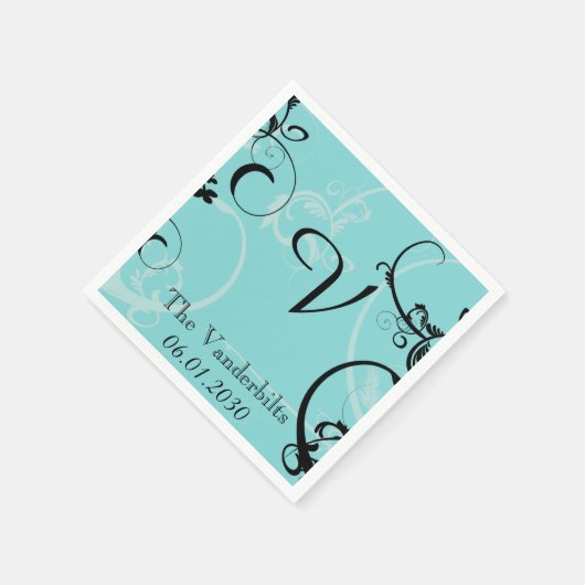 Türkis mit Schwarz-Blüh-Monogramm-Hochzeit Serviette (Ecke)