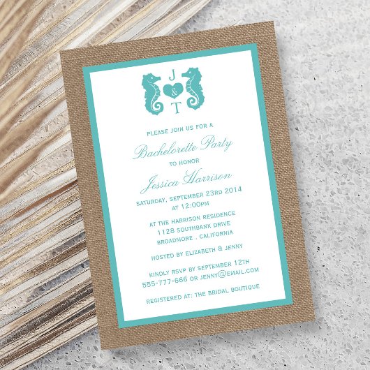 Türkis Monogram Seepferd Beach Bachelorette Einladung