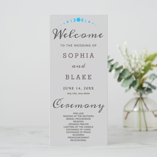 Türkis Moon Phases Light Gray Wedding Program (Stehend Vorderseite)