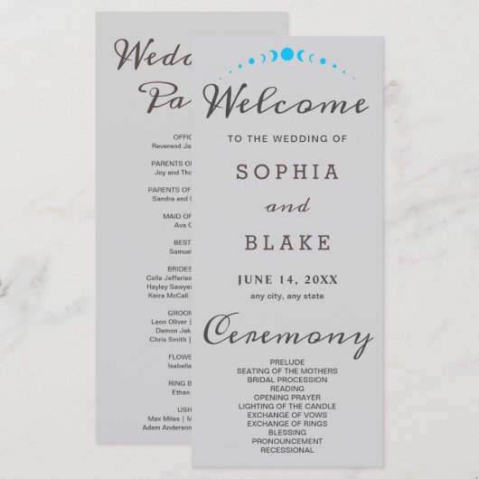 Türkis Moon Phases Light Gray Wedding Program (Vorne/Hinten)