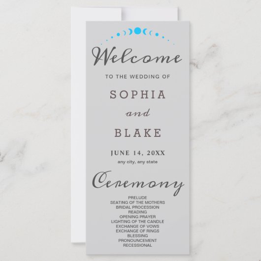 Türkis Moon Phases Light Gray Wedding Program (Vorderseite)