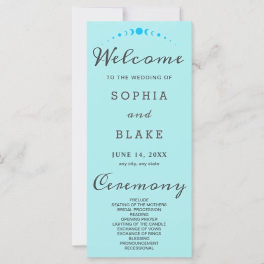 Türkis Moon Phases Pale Blue Wedding Program (Vorderseite)