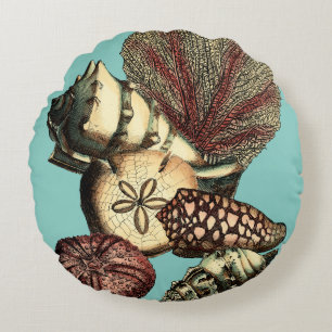 Türkis-Muschel und rote Korallen-Sammlung Rundes Kissen