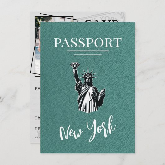 Türkis New York City Passport Save the Date (Vorne/Hinten)