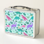 Türkis | Niedlich farbige Dinosaurier Muster Kids Metall Brotdose (Rückseite)