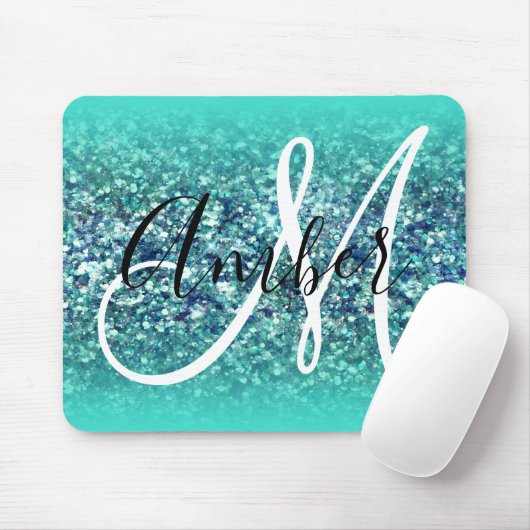 Türkis Ombre Aquamarin Blue Glam Glitzer Monogram Mousepad (Mit Mouse)