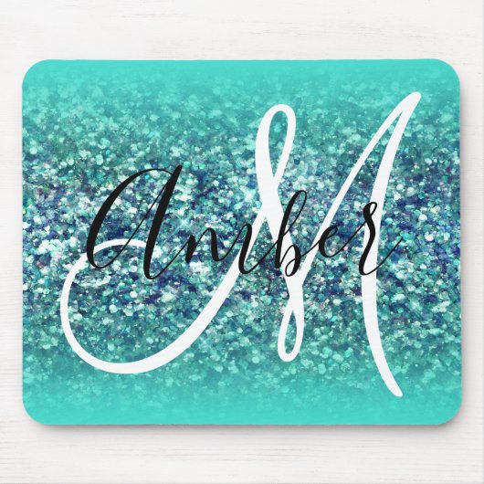 Türkis Ombre Aquamarin Blue Glam Glitzer Monogram Mousepad (Vorne)