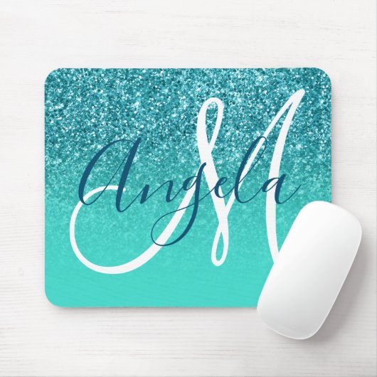 Türkis Ombre Aquamarine Imitate Glitzer Monogram Mousepad (Mit Mouse)
