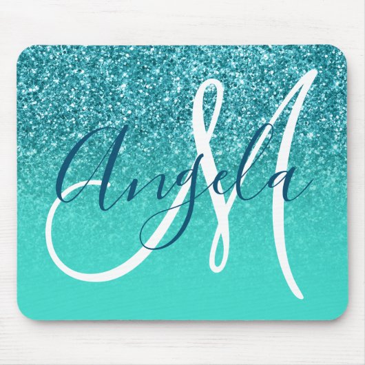 Türkis Ombre Aquamarine Imitate Glitzer Monogram Mousepad (Vorne)
