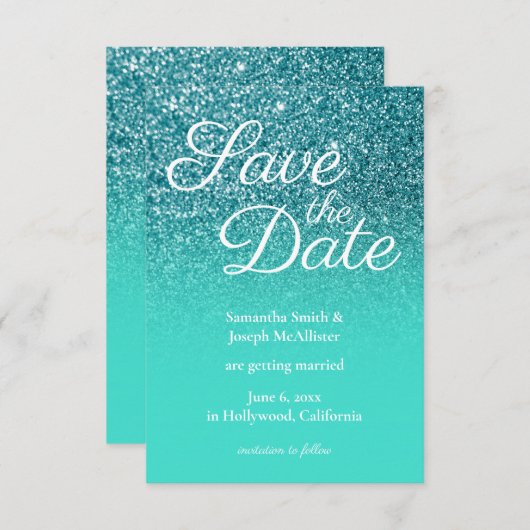 Türkis Ombre Aquamariner Glitzer Save the Date Einladung (Vorne/Hinten)