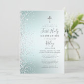 Türkis Ombre Confetti Erste Heilige Kommune Einladung (Stehend Vorderseite)