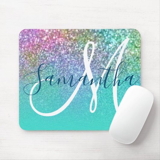 Türkis Ombre farbenfroher Mermaid Glitzer Monogram Mousepad (Mit Mouse)