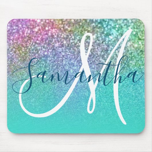 Türkis Ombre farbenfroher Mermaid Glitzer Monogram Mousepad (Vorne)
