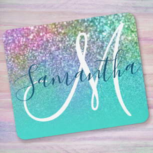 Türkis Ombre farbenfroher Mermaid Glitzer Monogram Mousepad