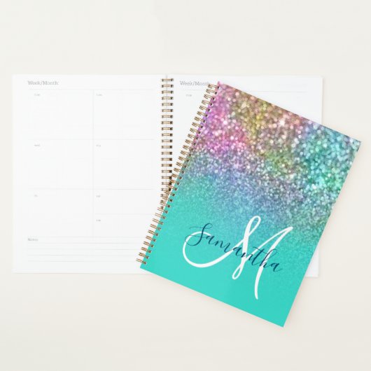 Türkis Ombre farbenfroher Mermaid Glitzer Monogram Planer (Anzeige)