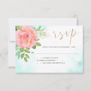 Türkis Ombre Floral Bouquet Pink Rose Wedding RSVP Karte
