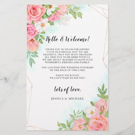Türkis Ombre Floral Wedding Welcome Itinerary (Vorderseite)