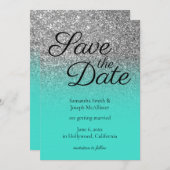 Türkis Ombre Silver Glitzer Save the Date Einladung (Vorne/Hinten)