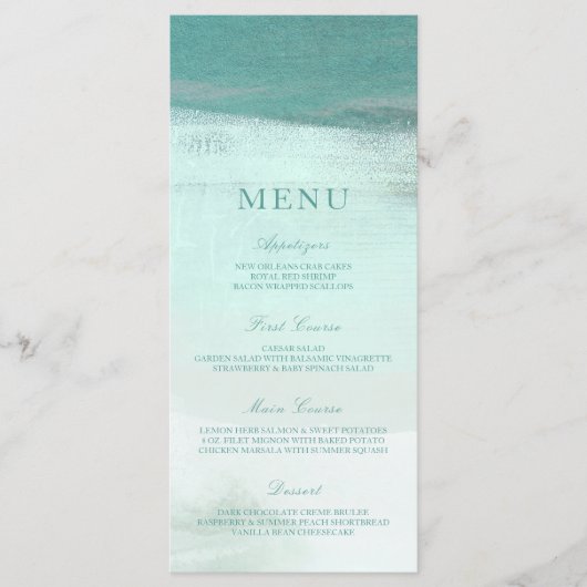 Türkis Ombre Watercolor Beach Wedding Menu Menükarte (Vorderseite)