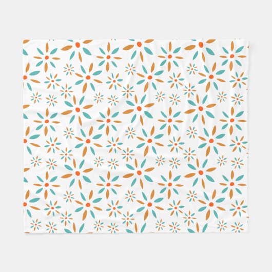 Türkis Orange Abstrakte Blume Muster Mid Mod Fleecedecke (Vorderseite (Horizontal))