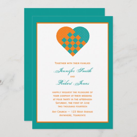 Türkis-orange Band-Herz-Hochzeits-Einladung Einladung (Vorne/Hinten)