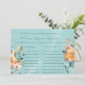 Türkis Orange Peony Brautparty Rezept Karte (Stehend Vorderseite)